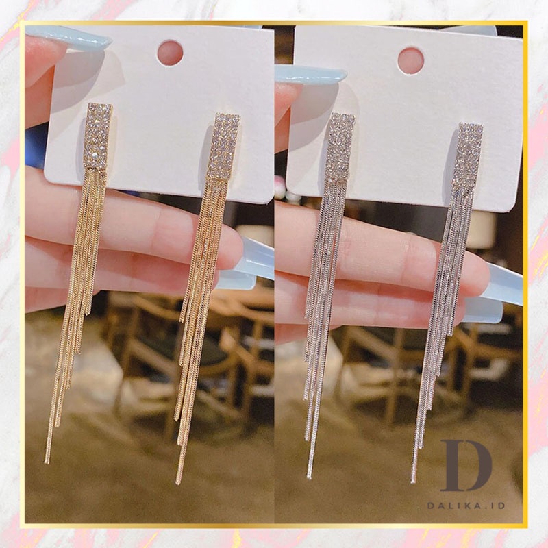 Anting Tusuk Silver Panjang Menjuntai Halus Pesta Elegan Dalika