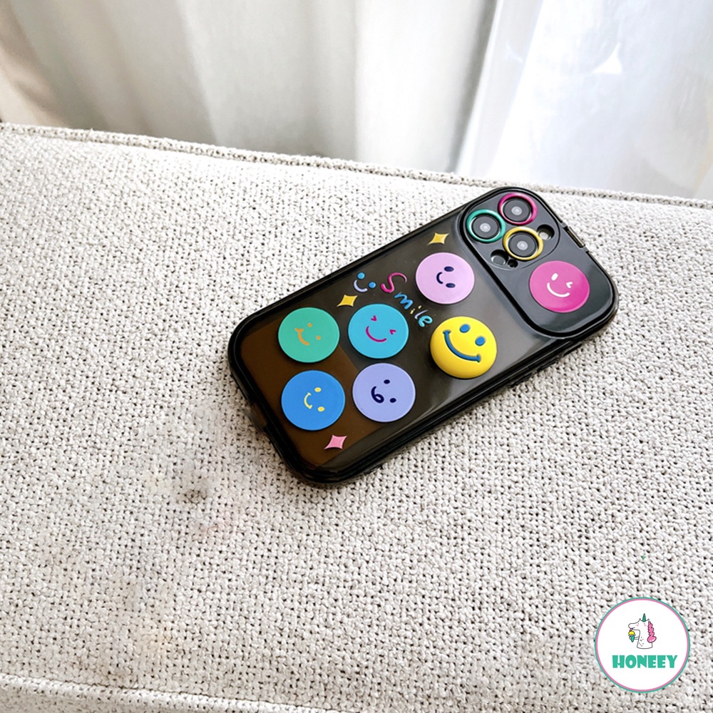 IPHONE Korea Wajah Tersenyum Emoji Tak Terlihat Flip Mirror Phone Case Kompatibel Untuk Iphone14 13 12 11 Pro Max Stand Holder Cermin Adjustable Lembut TPU Penutup Belakang