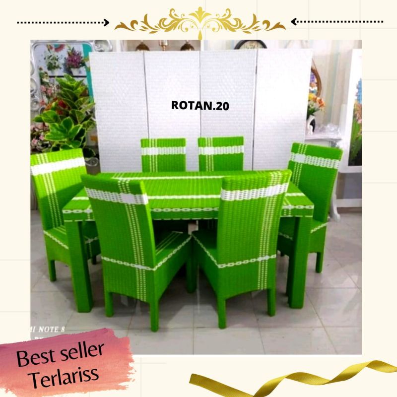 Meja Makan 6 Kursi Rotan Sintetis