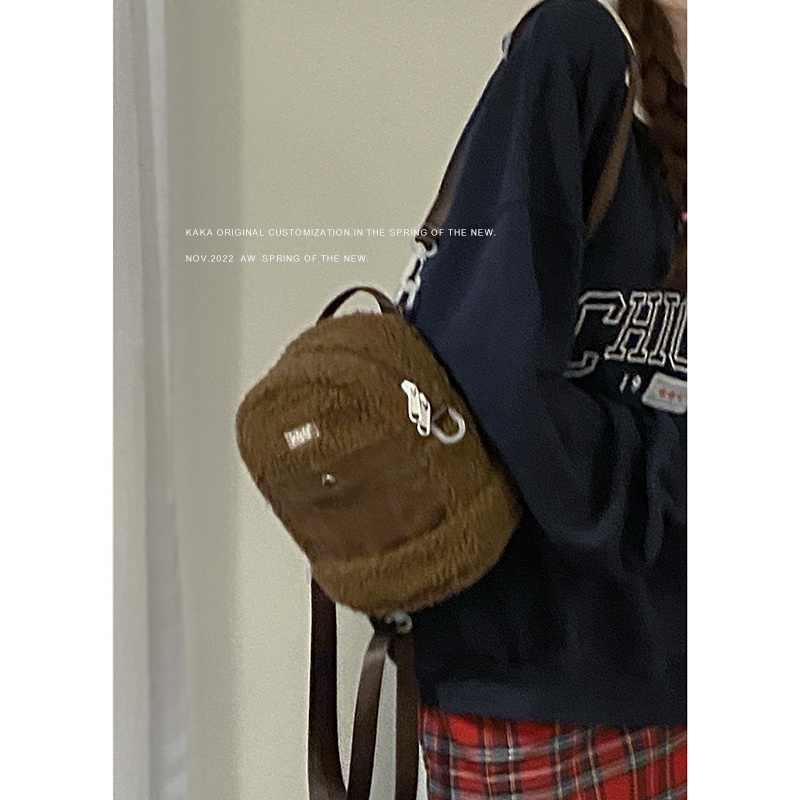 ❡◎Sera musim gugur dan musim dingin berbulu tas wanita 2022 ransel fashion baru mahasiswa kelas ransel Messenger tas mewah