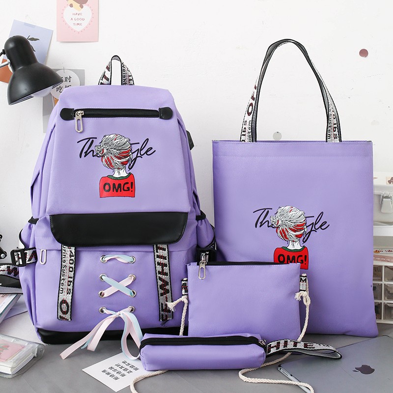Fashion Leisure Pakaian empat potong Warna Solid ungu biru hitam Tas Sekolah Ransel Tahan Air Tas Se