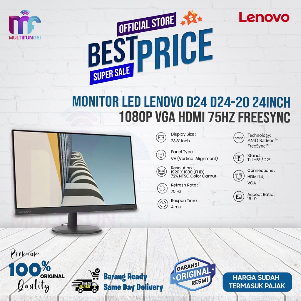 Monitor Lenovo D24-20 24&quot; 1080p VGA HDMI 75Hz FreeSync Garansi Resmi