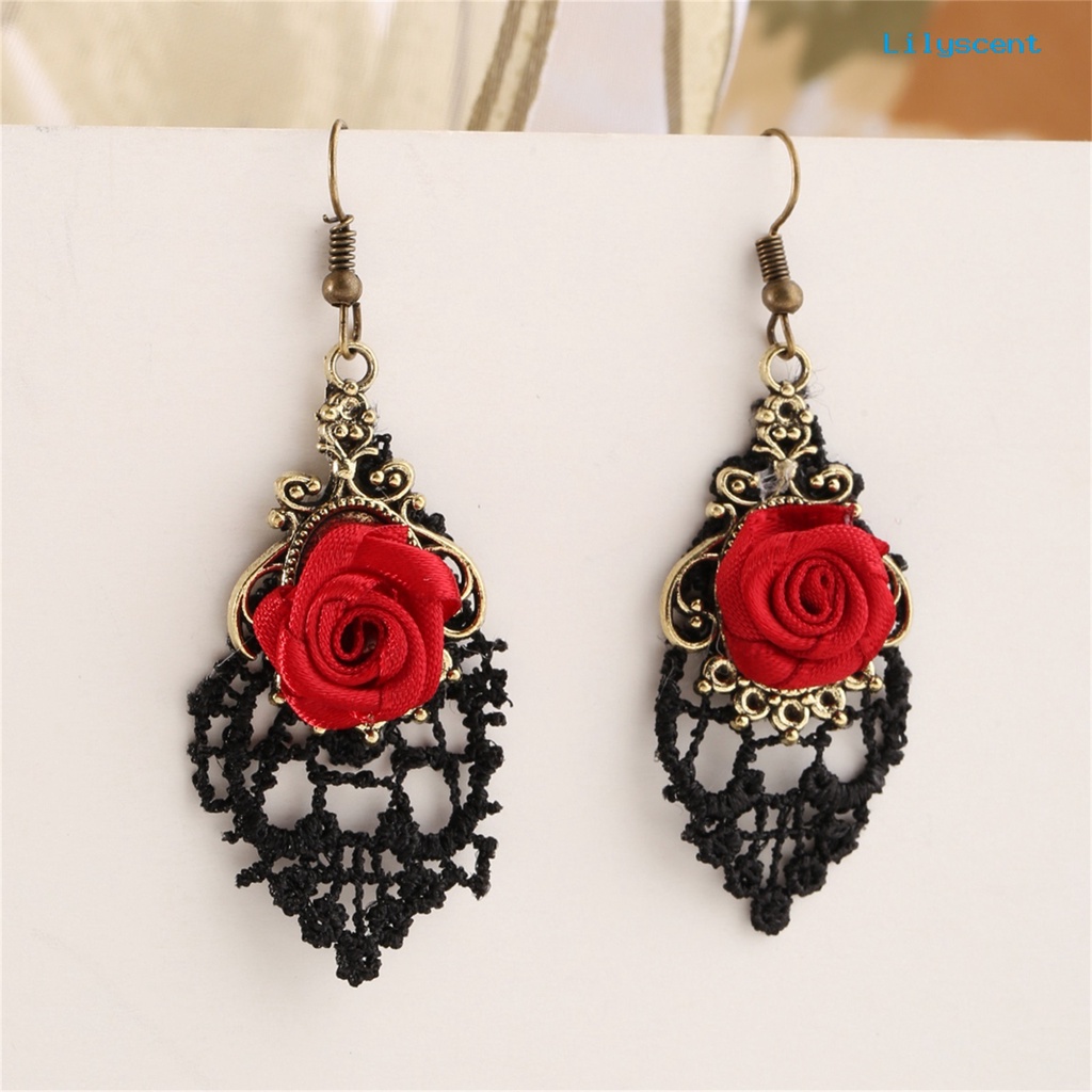 [LS] 1pasang Fashion Wanita Renda Mawar Merah Berongga Menjuntai Kait Anting Perhiasan Hadiah