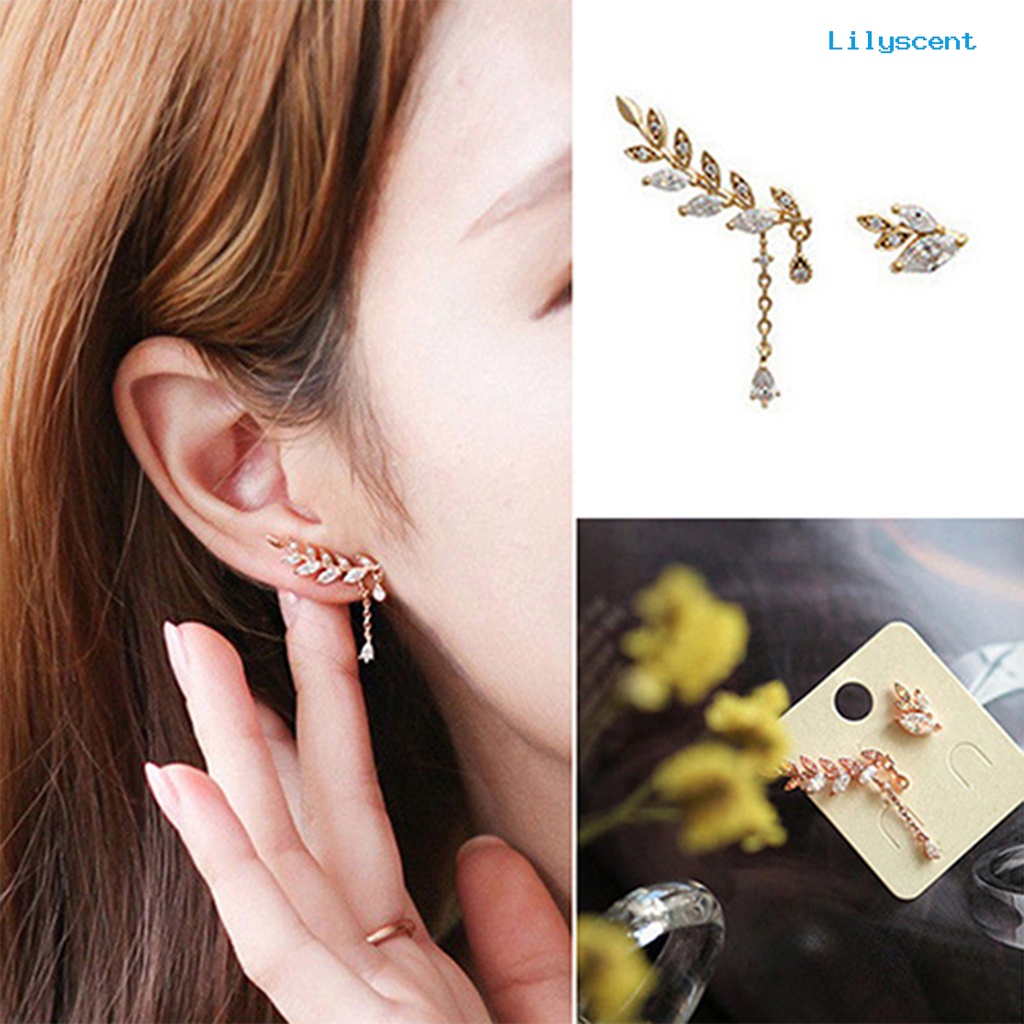 [LS] Ear Studs Asimetris Anti Karat Wanita Daun Berlian Imitasi Anting Rumbai Untuk Pernikahan