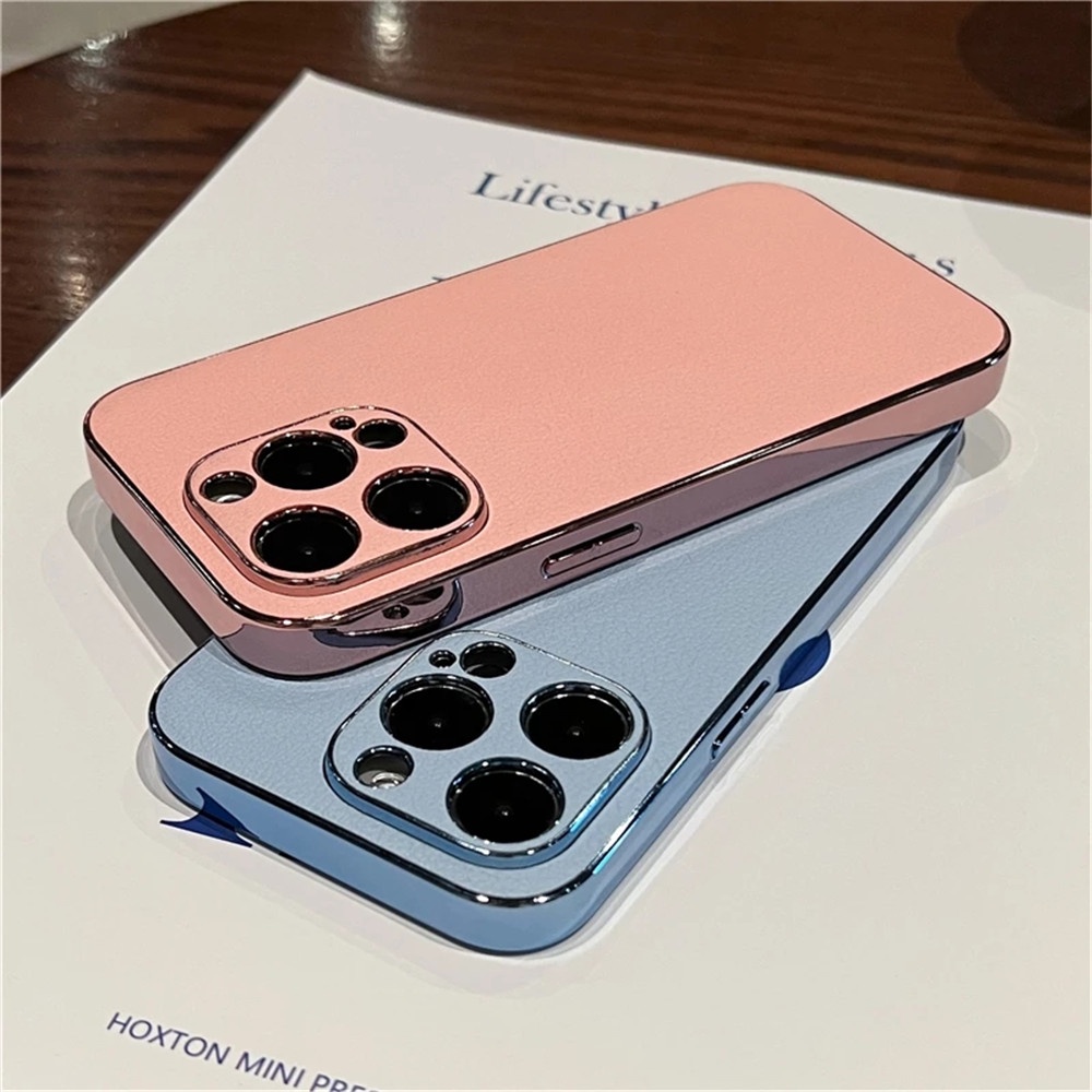 Casing Ponsel Kulit Bingkai Plating Mewah Untuk Iphone14Plus11 12 13 14 Pro Max Electroplate Shockproof Cover Casing iPhone