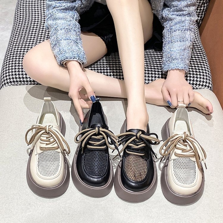 Sepatu Kerja Wanita Cream Jaring Tali Sepatu Perempuan Hitam Klasik Import Woman Casual Shoes Hak Platform SK-047