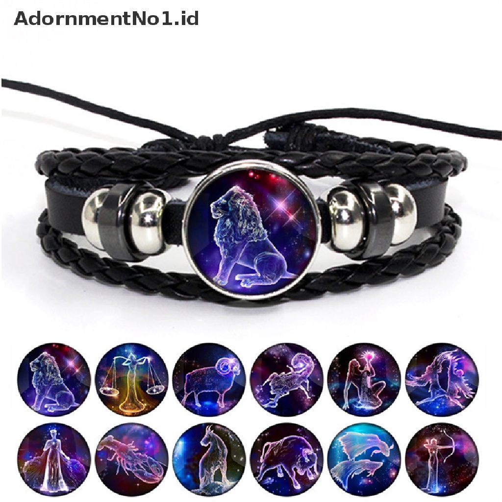 [AdornmentNo1] 12rasi Zodiak Tanda Hitam Dikepang Gelang Kulit Anyaman Kubah Kaca Perhiasan Punk Bracelet [ID]