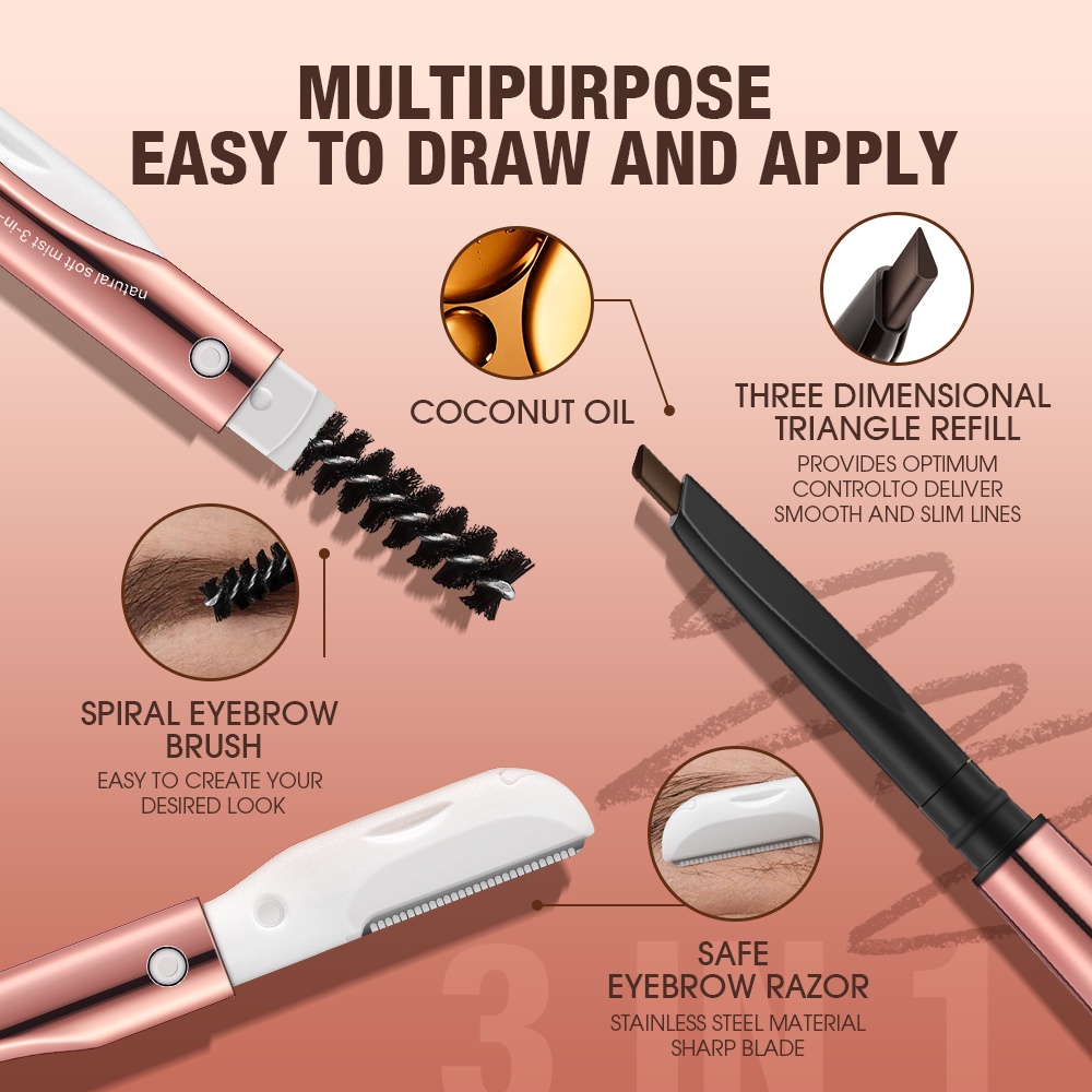 O.TWO.O 3 In 1 Eyebrow Pencil with Eyebrow Razor Waterproof 24 Hour Natural Defining Easy Makeup Kit