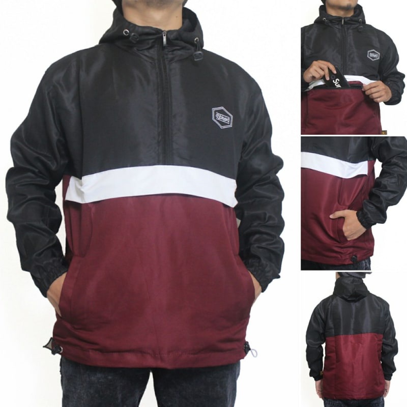 Jaket Cagoule Taslan Waterproof Zipper Djbred - Hitam Putih Marun Termurah