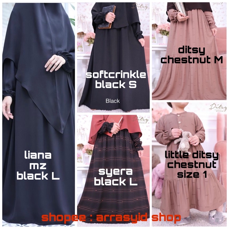 SIAP KIRIM ditsy januari 2023 liana mz black L, softcrinkle black S, ditsy chestnut M, syera black L