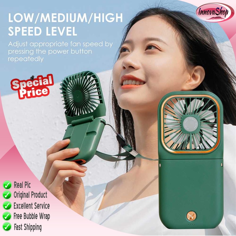 Kipas Angin Mini Portable Gantung Leher Smartphone Holder Powerbank 3000 mAh Rechargeable Hijau