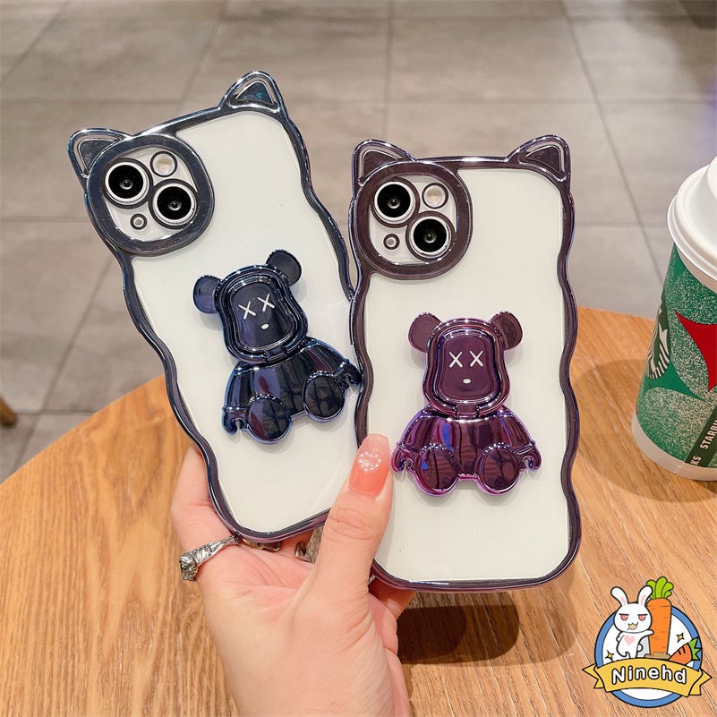 IPHONE Casing Kompatibel Untuk Iphone14 13 12 11 Pro Max Xr Xs Max Se8 7 Plus Telinga Kucing Electroplating Phone Case Lensa Metal Full Cover Bear Bracket Shockproof Soft Case Cover Pelindung