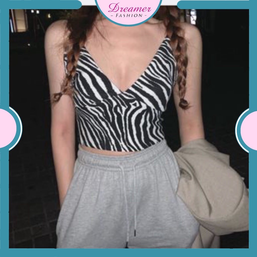 DF BJ366 Tank Top Crop Motif Garis Wanita Tanktop Printed Zebra Korean Fashion