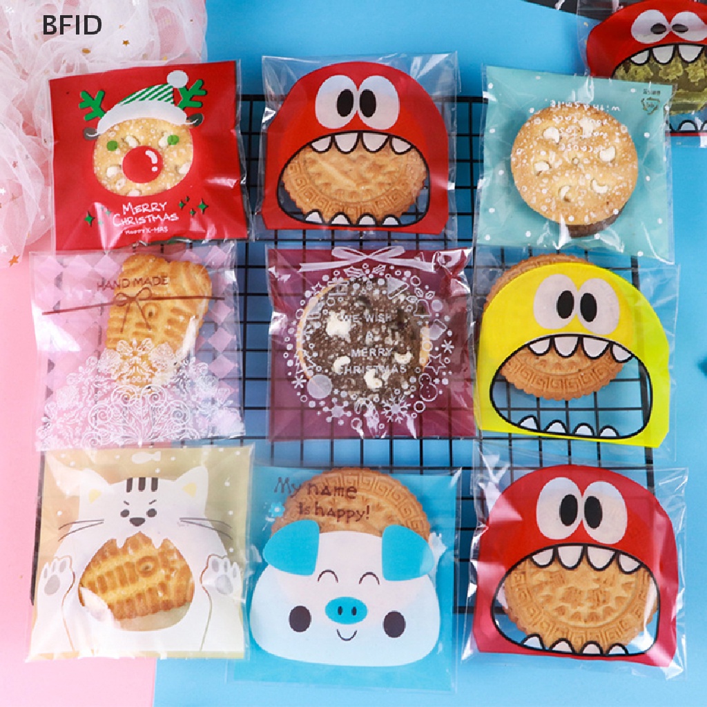 [BFID] 100pcs/pack Kartun Kue Permen Perekat Diri Tas Biskuit Snack Baking Bags [ID]