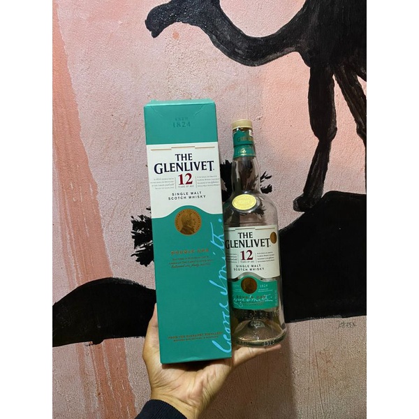 botol bekas minuman keras Glenlivet 12 double oak botol unik botol antik + box
