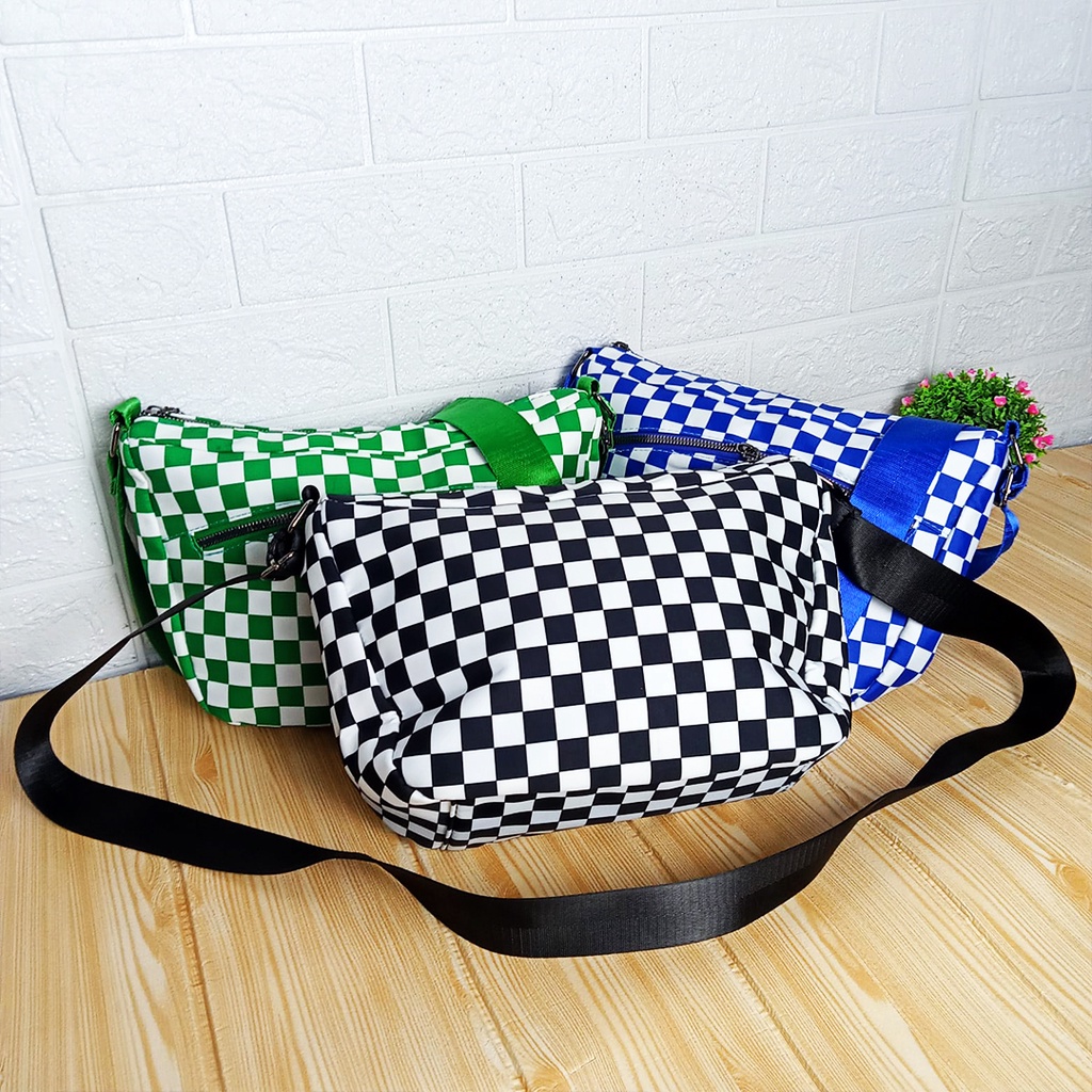 Tas Selempang Wanita Motif Kotak Sling Bag Casual Cewek Polyester Kekinian Fashion Trendy T288