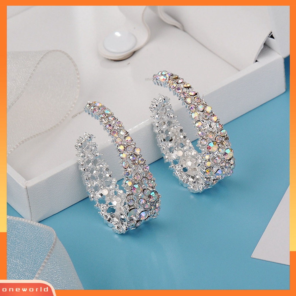 {oneworld} Women Ear Studs Shiny Colorful Rhinestones U-shaped Stud Earrings Perhiasan Tindik Untuk Pesta