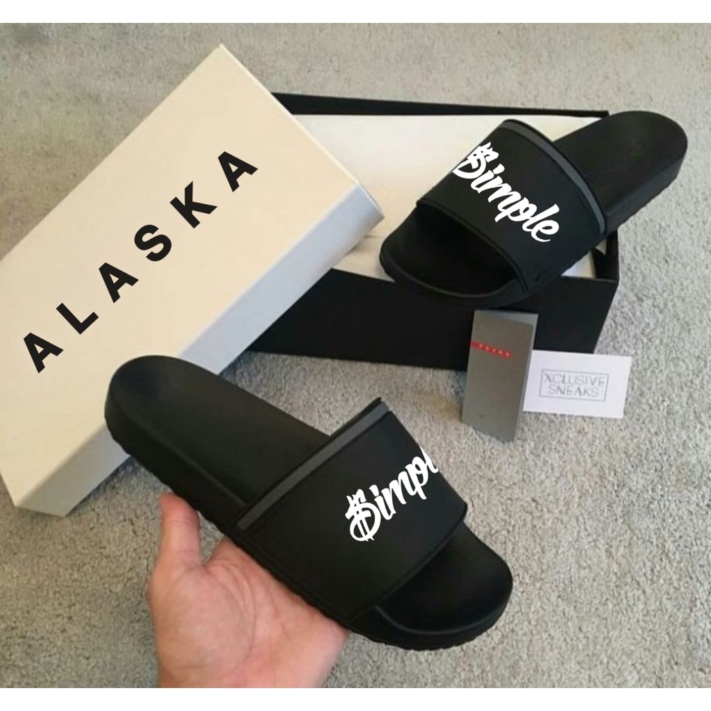 Sandal Slide Slip On Pria Original ALASKA Kualitas Premium l Sandal Slop-Hitam Simple