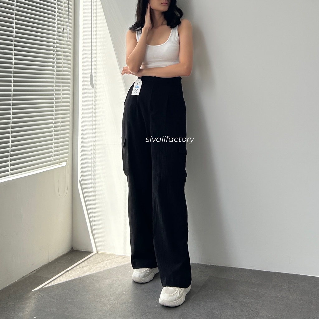 SIVALI Willow Cargo Pants - Celana Kargo Ukuran Petite Linen Crinkle Highwaist - Baggy Cullote Pants