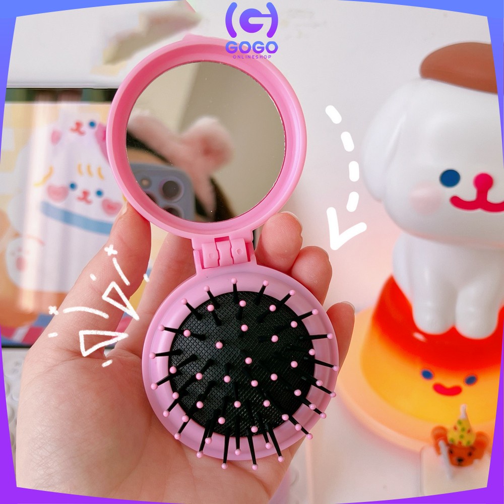 GOGO-C767 Cermin Sisir Bulat Lipat Kaca Ala Korea Sisir Compact 2IN1 Anti Kusut Motif Karakter Lucu / Sisir Lipat Bulat Cermin Portable