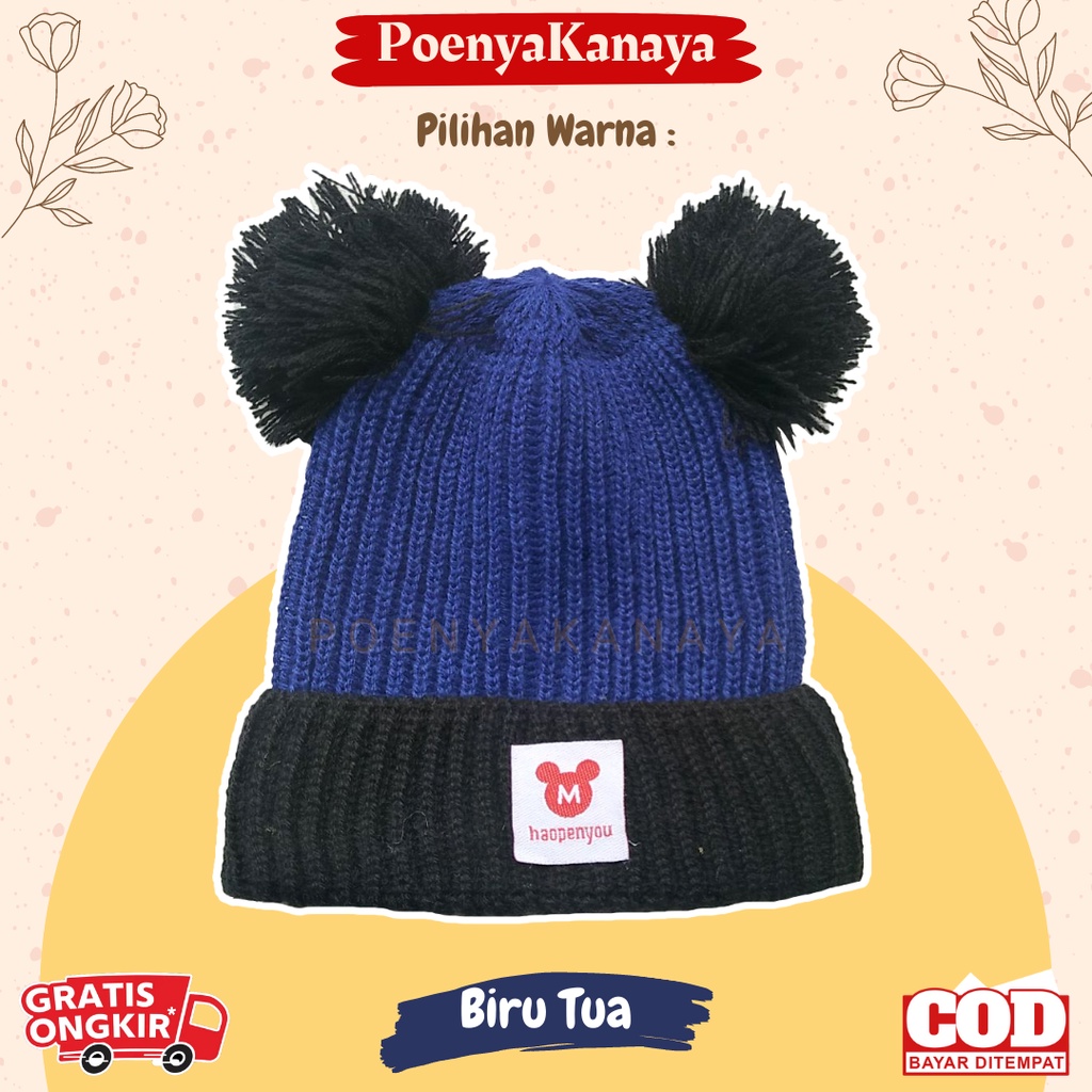 Topi Kupluk Bayi Rajut  Pompom TWOTONE Topi Rajut TP21