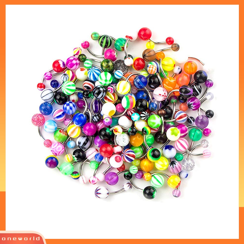 [oneworld] 100 Pcs Warna Campur Bola Pusar Pusar Pusar Cincin Barbel Perhiasan Tindik Tubuh