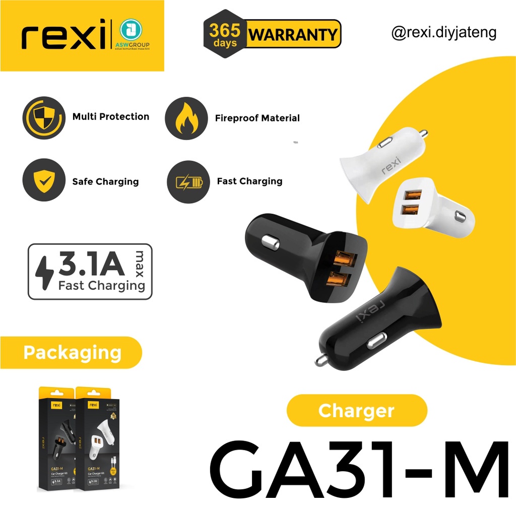 Car Charger Rexi GA31-M 3.1A Max Dual Output with Micro Cable Safe Charging GA31-M