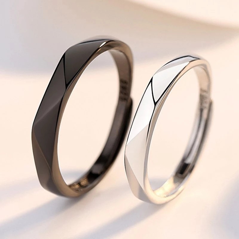 Belah Ketupat Couple Rings Adjustable Perhiasan Aksesoris Elegan Cincin Tunangan Trendy Hitam Putih Alloy Ring