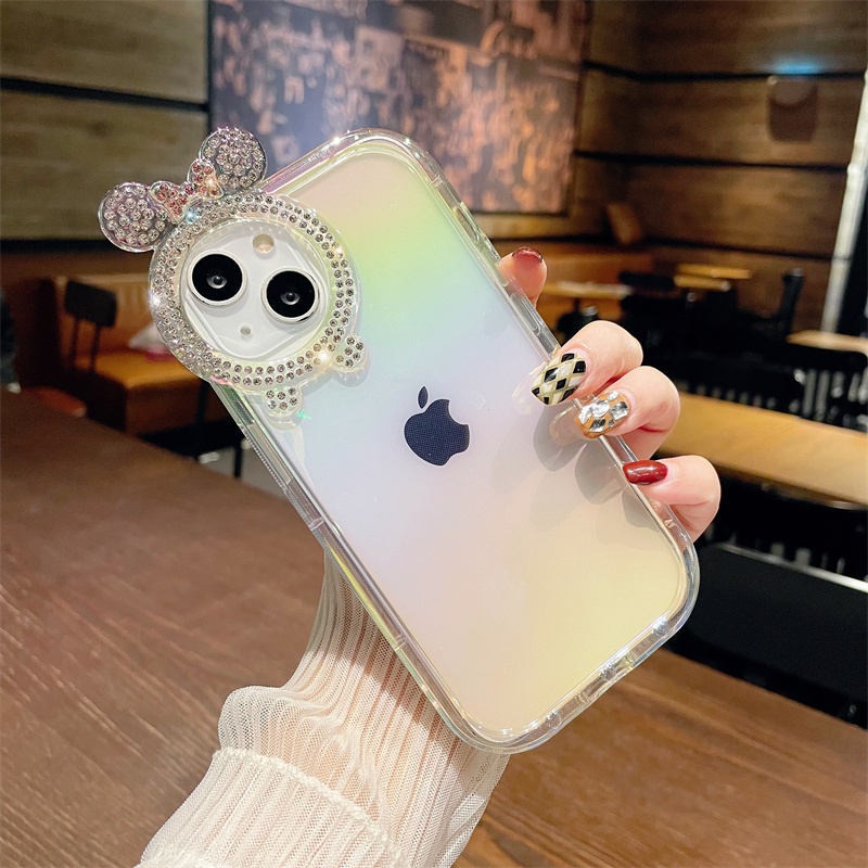 Casing Ponsel Bunga Berlian Mickey Kartun Lucu Untuk IPhone 14 Pro Max13 12 11 X XS Max XR Fashion Grid Transparan Lembut Shockproof Cover