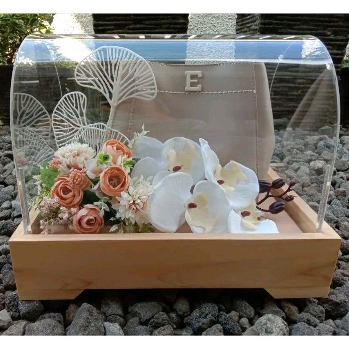 KOTAK BAKI BOX SESERAHAN RUSTIC KAKI TUTUP AKRILIK OVAL/LENGKUNG