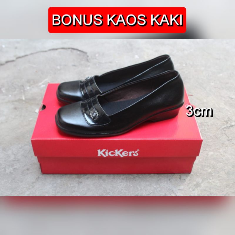 SEPATU KERJA CEWEK PANTOFEL HAK PENDEK 3 CM LOW HEELS HITAM PUTIH KREM PLUS BOX / FH3 NEW