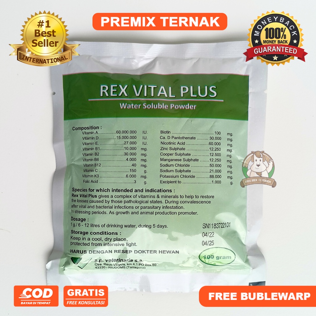 REX VITAL PLUS 100gr - Multivitamin Konsentrasi Tinggi untuk Ternak dan Unggas - Vitamin Ayam - Vitamin Sapi - seperti fortevit rhodivit - Premix Ternak