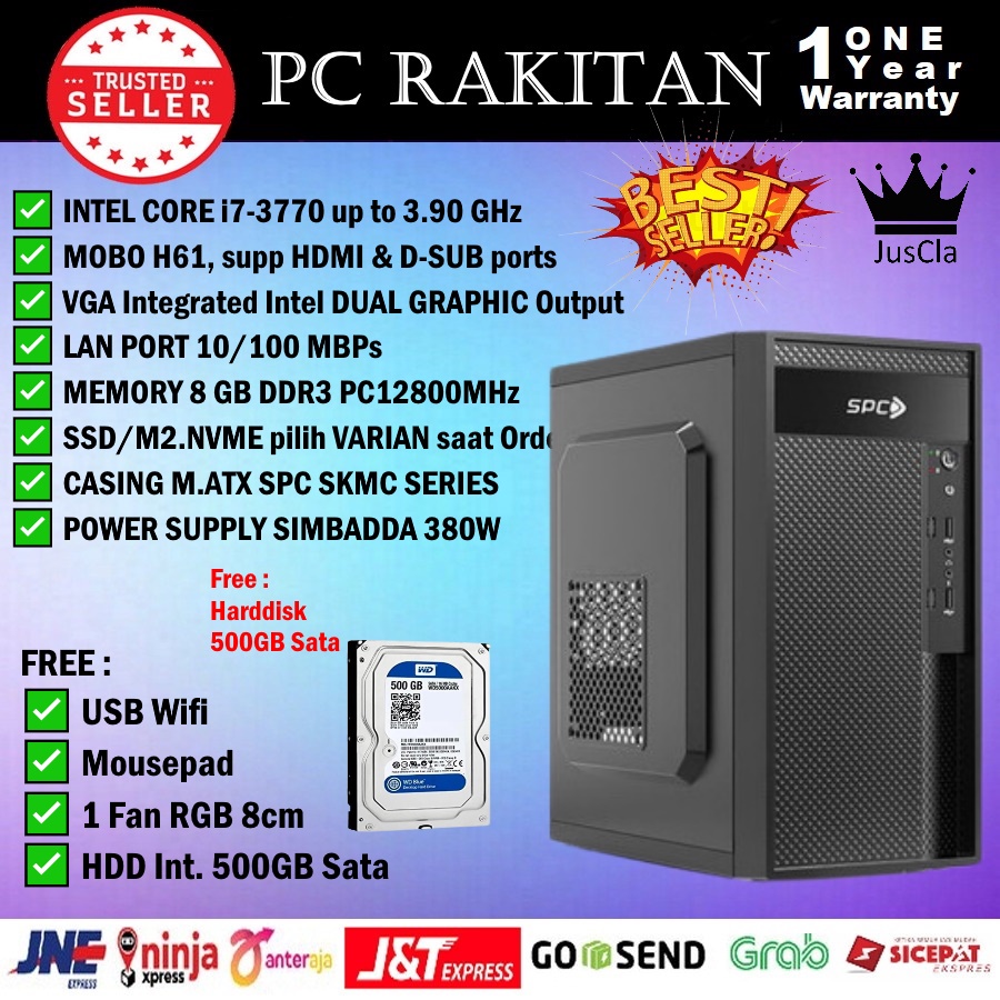 Komputer Intel Core i7-3770 3,4GHz 4Cores|RAM 8GB|SSD 512GB SATA|WiFi, Komputer Rakitan, PC Admin/Office Baru Bergaransi 1 Tahun