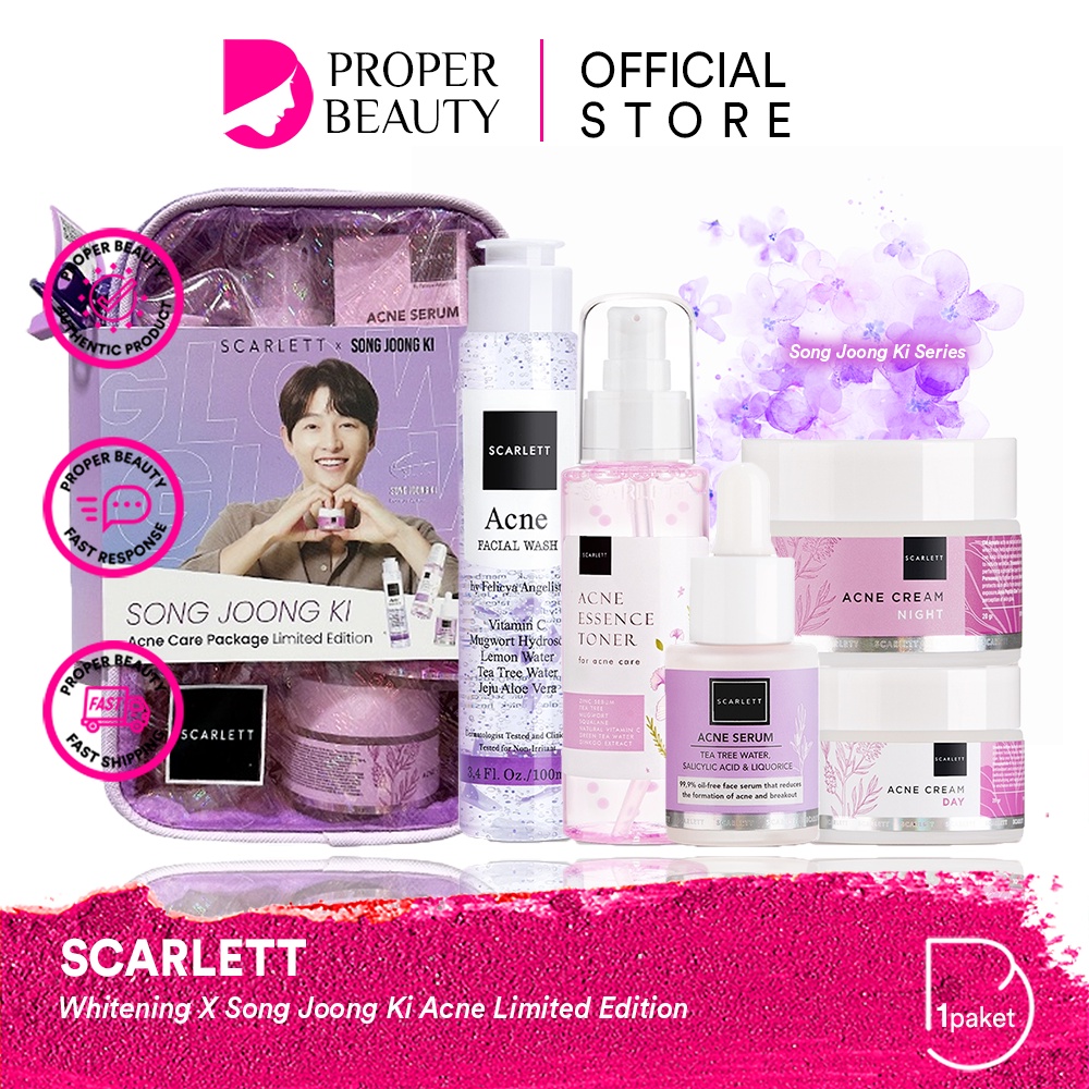 SCARLETT Whitening X Song Joong Ki Acne Limited Edition Indonesia / Paket Facial Wash Essence Toner Serum Ampoule Day Night Eye Cream Mask Gel Sunscreen Moisturizer / Brightly Ever After Age Delay Wajah Face Glowing 1 Paketan Package Full Set Pouch Series