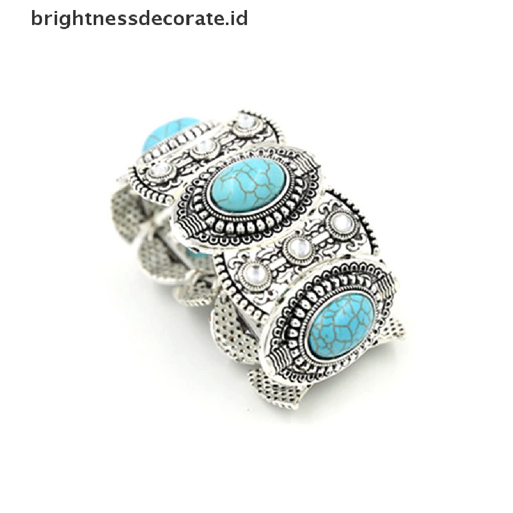 [Birth] Stylish Boho Womens Retro Vintage Natural Turquoise Tibet Perak Gelang Cuff [ID]