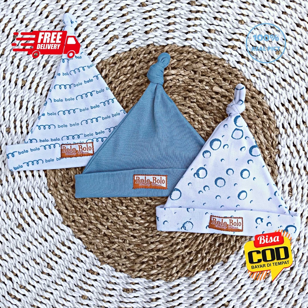 SALE 7.7 Serian Biru - 3 Pcs Topi Kupluk Bayi Baru Lahir Topi Bayi 0 - 3 Bulan BLUE SEA SERIES merk SNI Bolo - Bolo