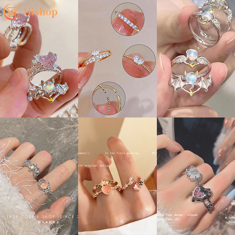 Korea Mutiara Kristal Set Cincin Opal Batu Permata Hati Kupu-Kupu Rings Resin Pasangan Cincin Untuk Wanita Aksesoris Perhiasan