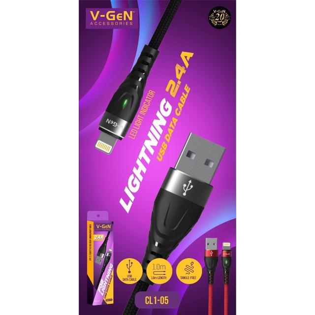 V-GeN CL1-05 Kabel Data USB Lightning iPhone 2.4A LED 1 Meter VGEN