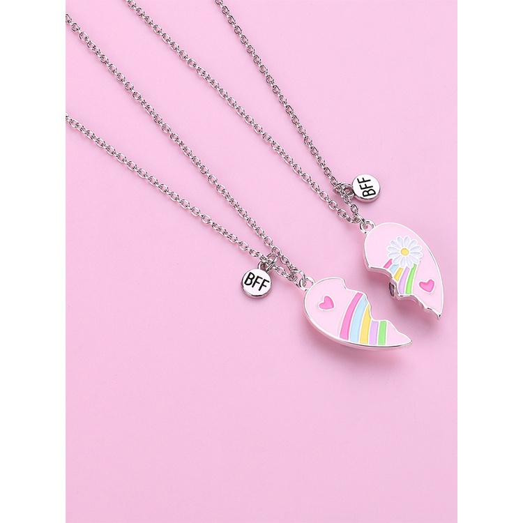 2pcs/set Lucu Warna-Warni Pelangi Bentuk Hati Liontin Rantai Sahabat Kalung Bff Persahabatan Anak Perhiasan Hadiah Untuk Perempuan