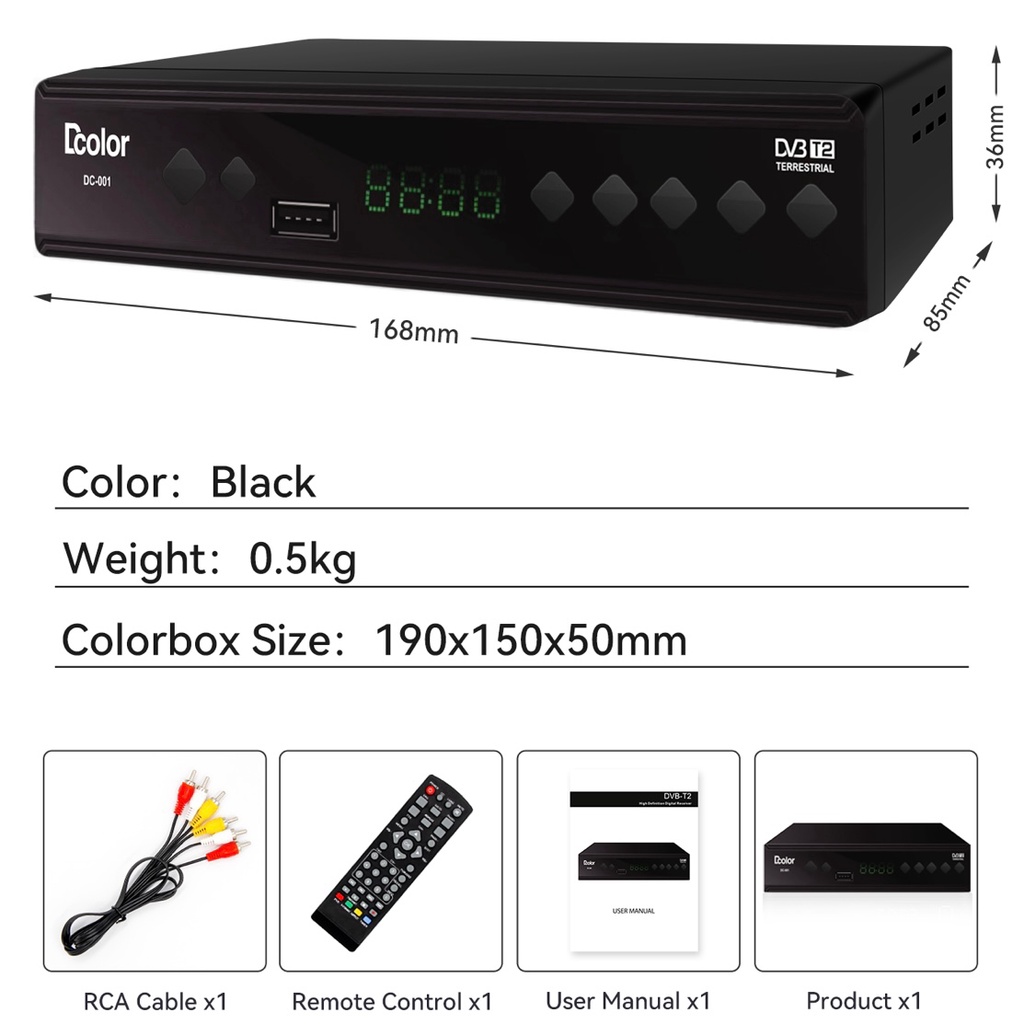 SET TOP BOX TV digital STB DCOLOR DVB T2 Receiver WIFI YOUTUBE FULL HD - STB+RCA