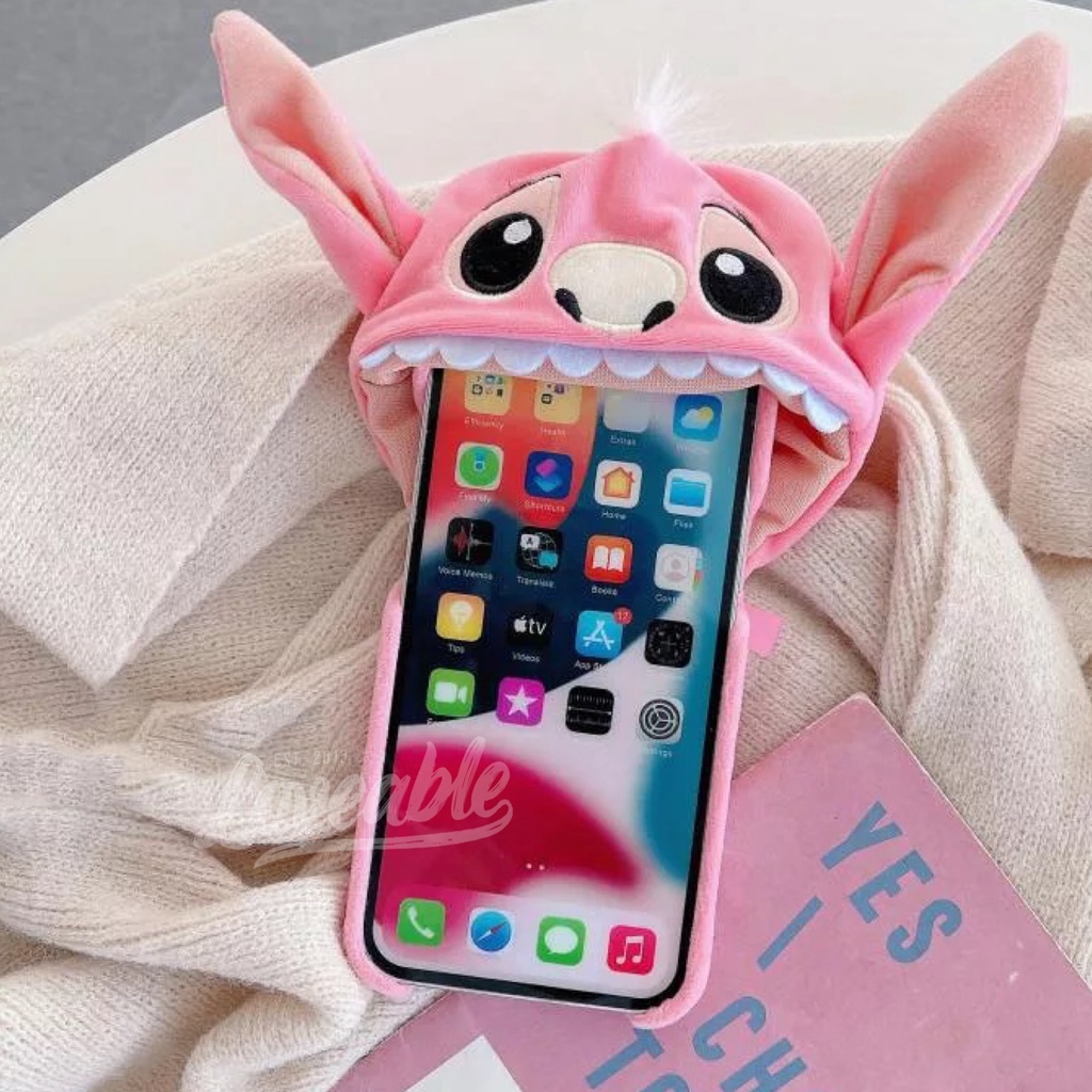 Stitch hoody case 3D velvet silicone bagian dalam bludru for iPhone 11 12 13 14 pro max (no mini)