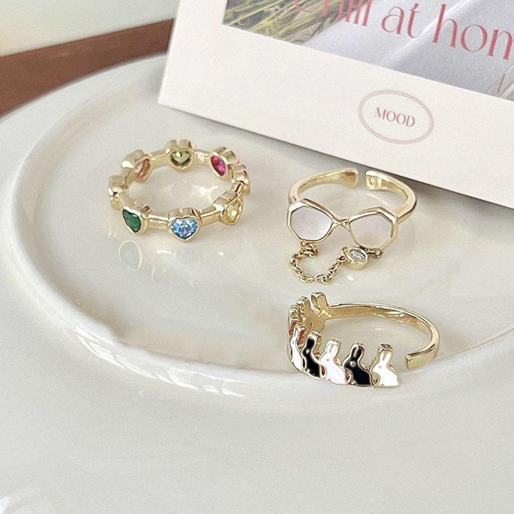 Mxbeauty Wanita Cincin Trendi Indah Chic Hati Niche Desain Kelinci Manis Warna-Warni Berlian Imitasi Pembukaan Cincin Gaya Korea Cincin