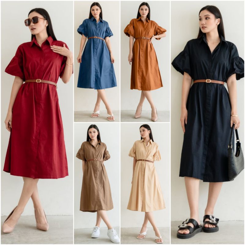 ❣️ SPECIAL PRICE ♡ PREMIUM ♡ ORIGINAL ! MERRIAM BALOON PUFF PLUFFY SLEEVE COLLAR BUTTON LOOSE  MIDI DRESS WITH  BELT ( BUSUI &amp; BUMIL FRIENDLY )