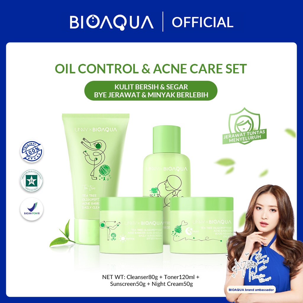 READY BIOAQUA 4pcs Skincare Paket Tea Tree Oligopeptide Acne Set With Cleanser / Toner / Sunscreen /