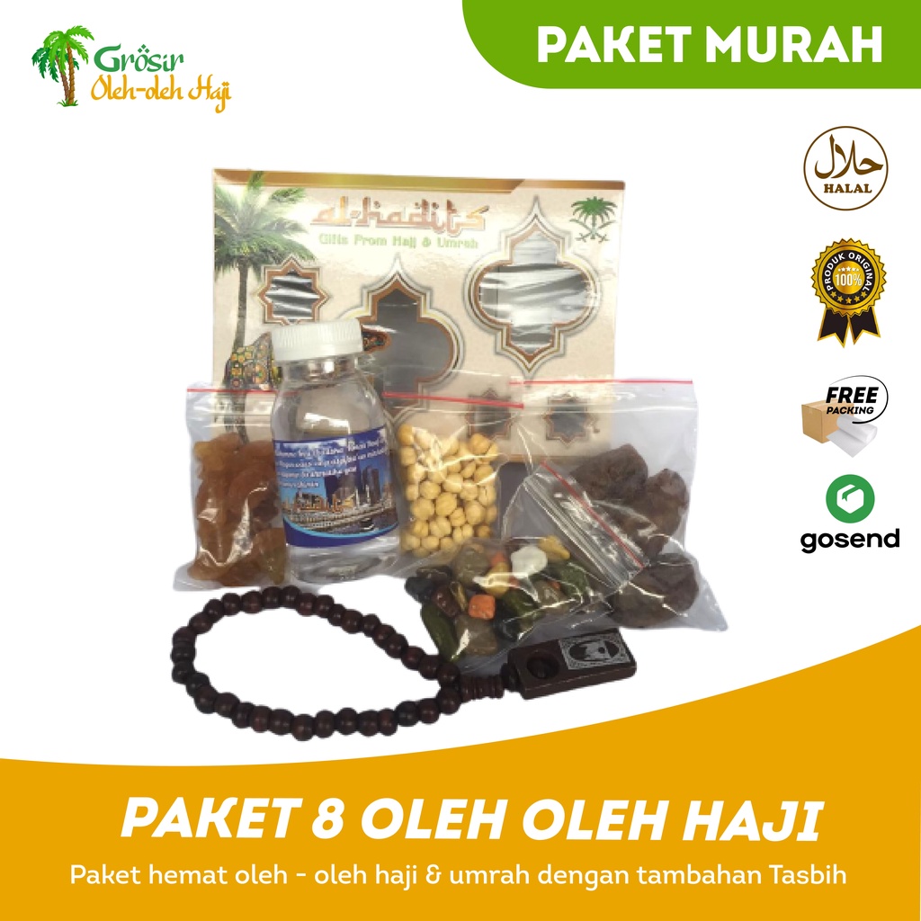 Paket 8 oleh oleh haji dan umroh air zamzam ori + Coklat krikil + Tasbih kayu