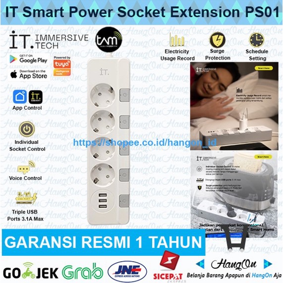 IT PS01 Smart Power Socket Extension 3 USB + Plug 4 Port Power Strip Colokan Pintar Listrik WIFI Stop Kontak Individual Socket Control Penyambung Sambungan Listrik  Kabel