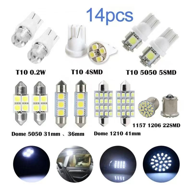 14pcs/set Lampu LED Putih Set Lampu Interior Mobil Auto Map Dome Plat Nomor Pengganti Lampu Kit T10 W5W Trunk Tail Parkir Bohlam Campur