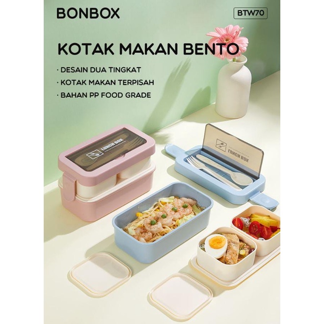 KOTAK BEKAL BONBOX BTW70 Lunch Box Kotak Bekal Makan Siang Bento Set 2 Layer Free Sendok Tempat Makan 2 Tingkat