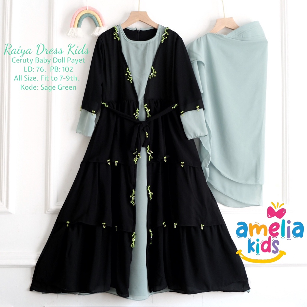 RAIYA DRESS MAXY KIDS SYARI BY AMELIA BAHAN CERUTY BABYDOL PAYET ALLSIZE HIJAB