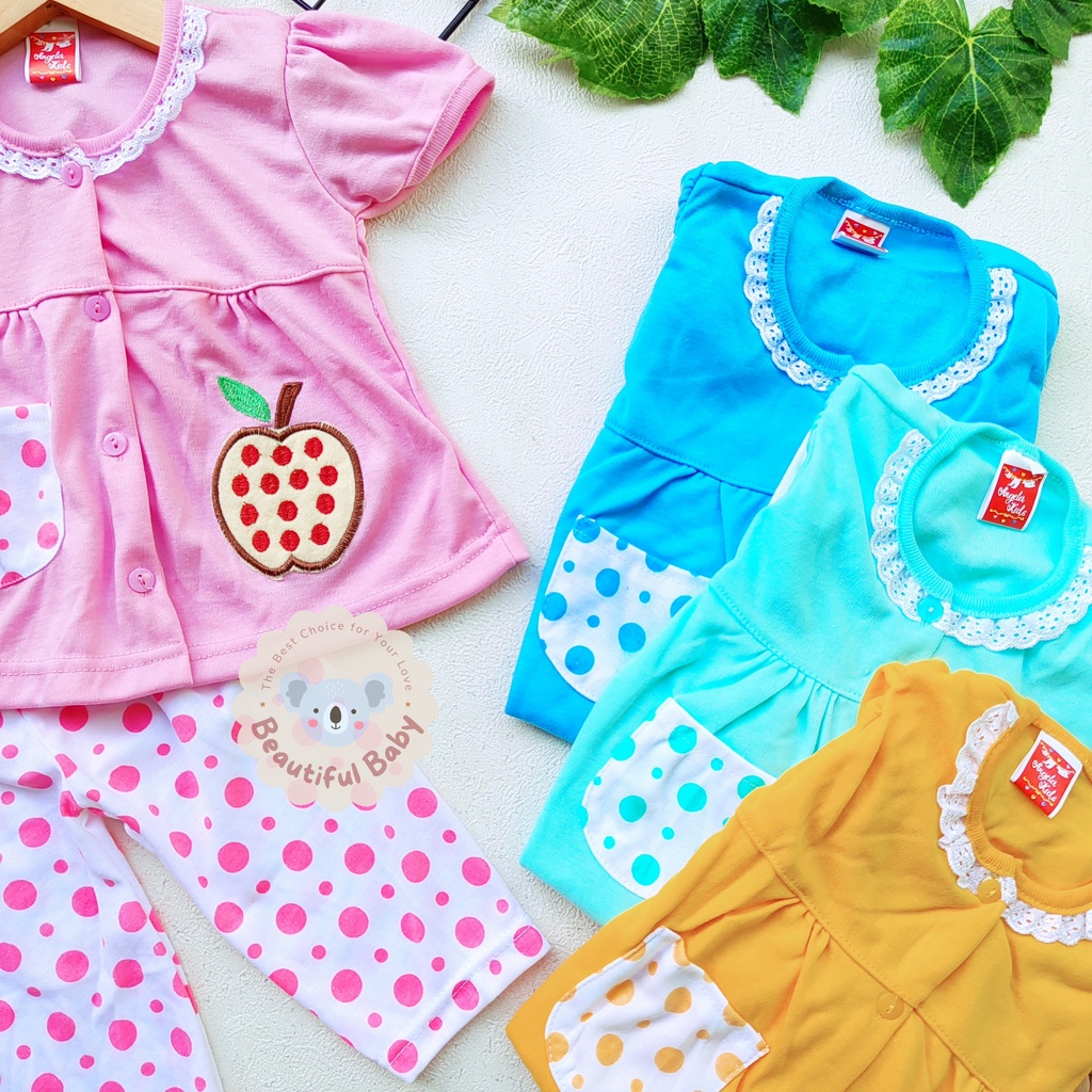 Baby.ou - Setelan Baju Bayi Lengan Pendek Celana Panjang Motif Bordir Apel / Setelan Piyama Bayi Perempuan 3-12 Bulan / Baju Bayi Perempuan Yeiko